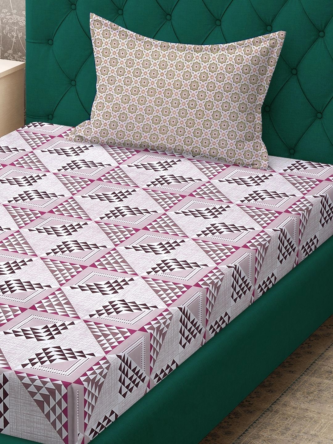 Myntra Elegant Homes Pink Geometric 400 TC Single Bedsheet with 1 Pillow Covers