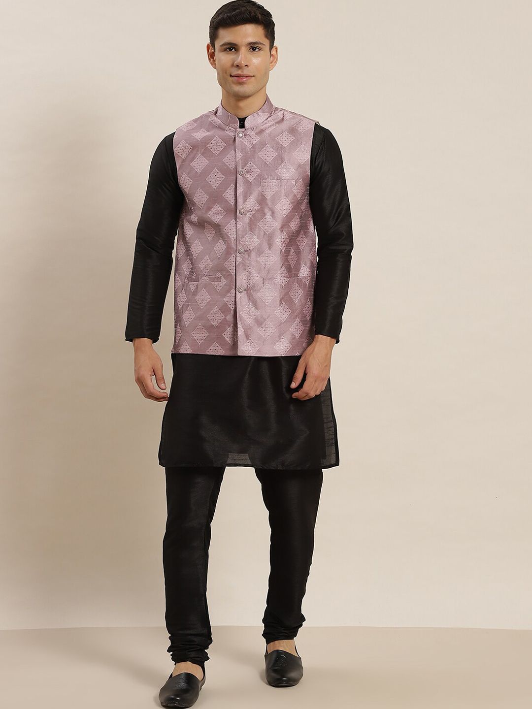 SOJANYA Mandarin Collar Regular Kurta With Churidar & Nehru Jacket