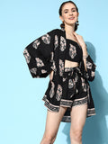 Berrylush Women Black Paisley Printed Top & Shorts With Shrug