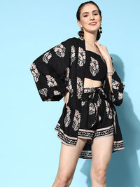 Berrylush Women Black Paisley Printed Top & Shorts With Shrug