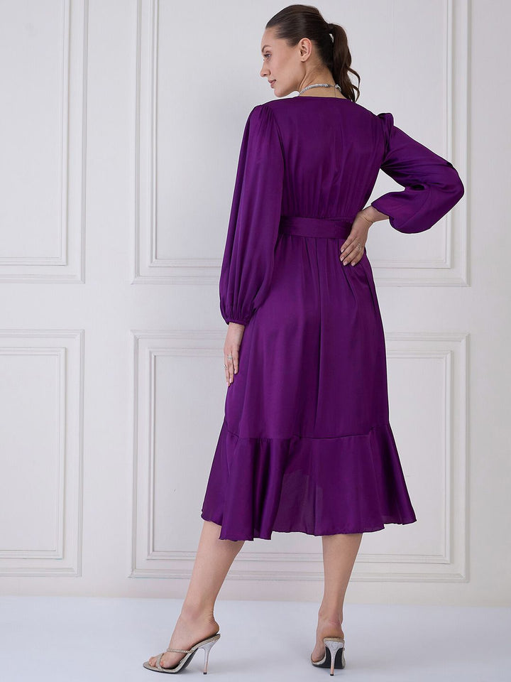 Antheaa Purple V-Neck Cuffed Sleeves Layered Satin Midi Wrap Dress