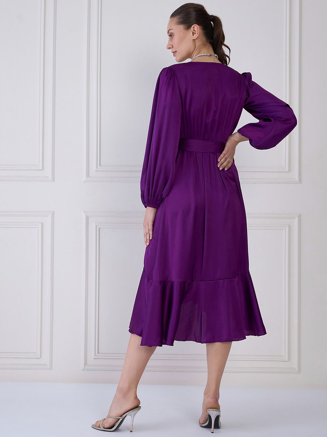Antheaa Purple V-Neck Cuffed Sleeves Layered Satin Midi Wrap Dress