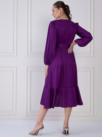 Antheaa Purple V-Neck Cuffed Sleeves Layered Satin Midi Wrap Dress