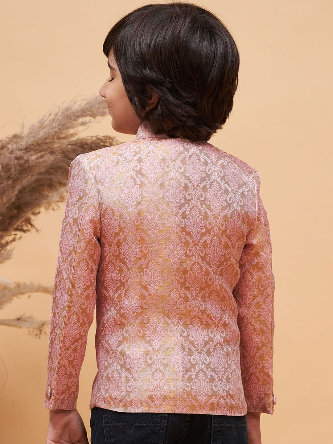 VASTRAMAY Boys Self Design Mandarin Collar Slim-Fit Silk Bandhgala Blazer