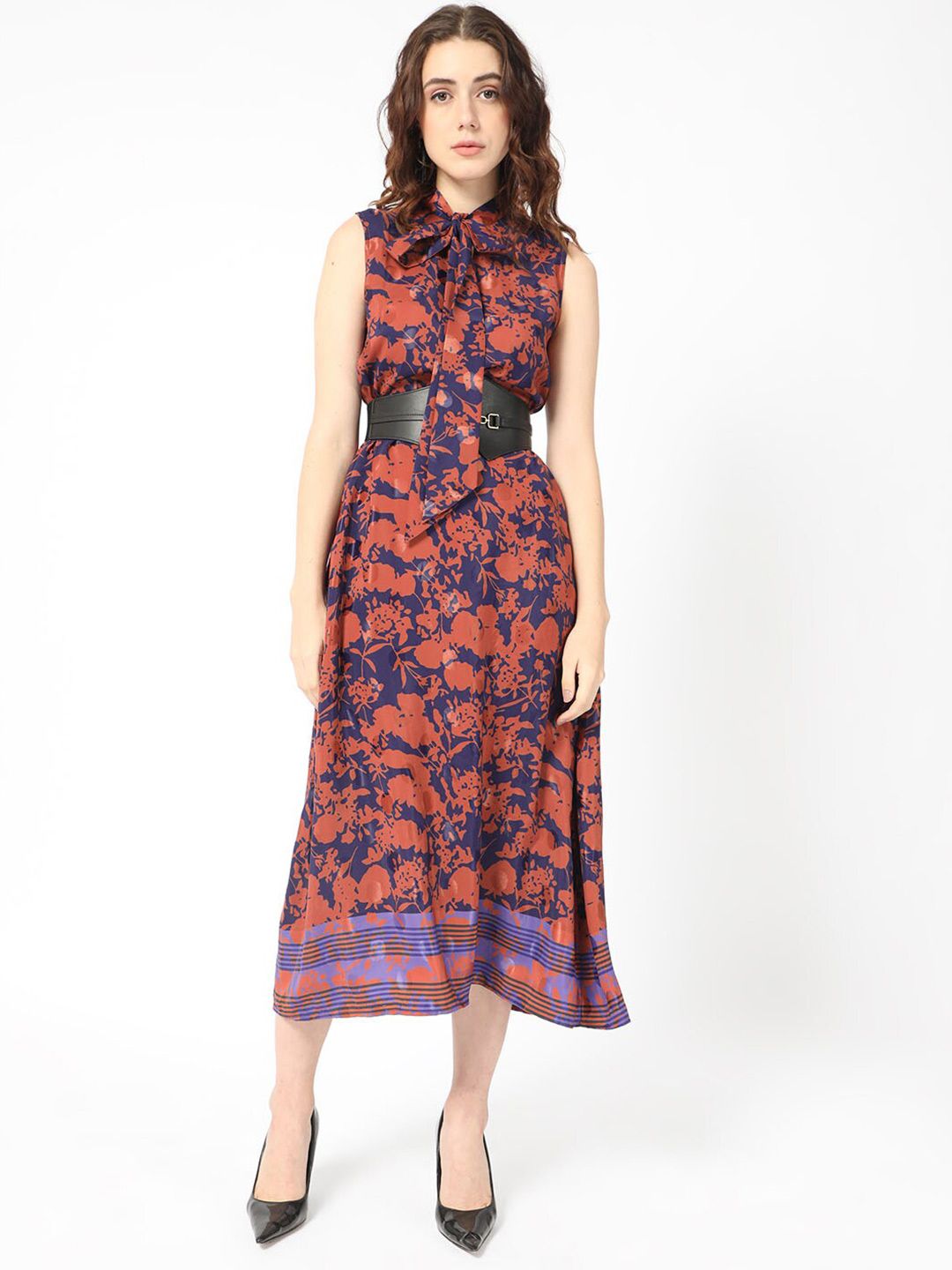 RAREISM Ellu Floral Printed Tie-Up Neck A-Line Midi Dress