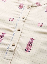 W Women Beige & Pink Printed Straight Kurta