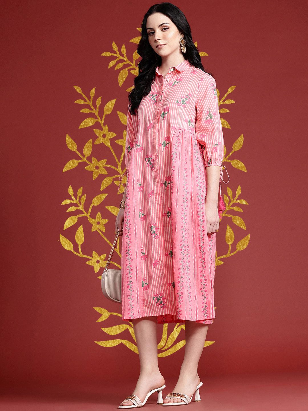 Anouk Floral Print Pleated Tasseled Shirt Collar Pure Cotton Ethnic Dress