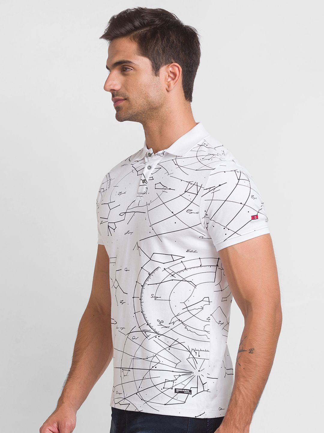 Being Human Men White Printed Polo Collar Cotton T-shirt