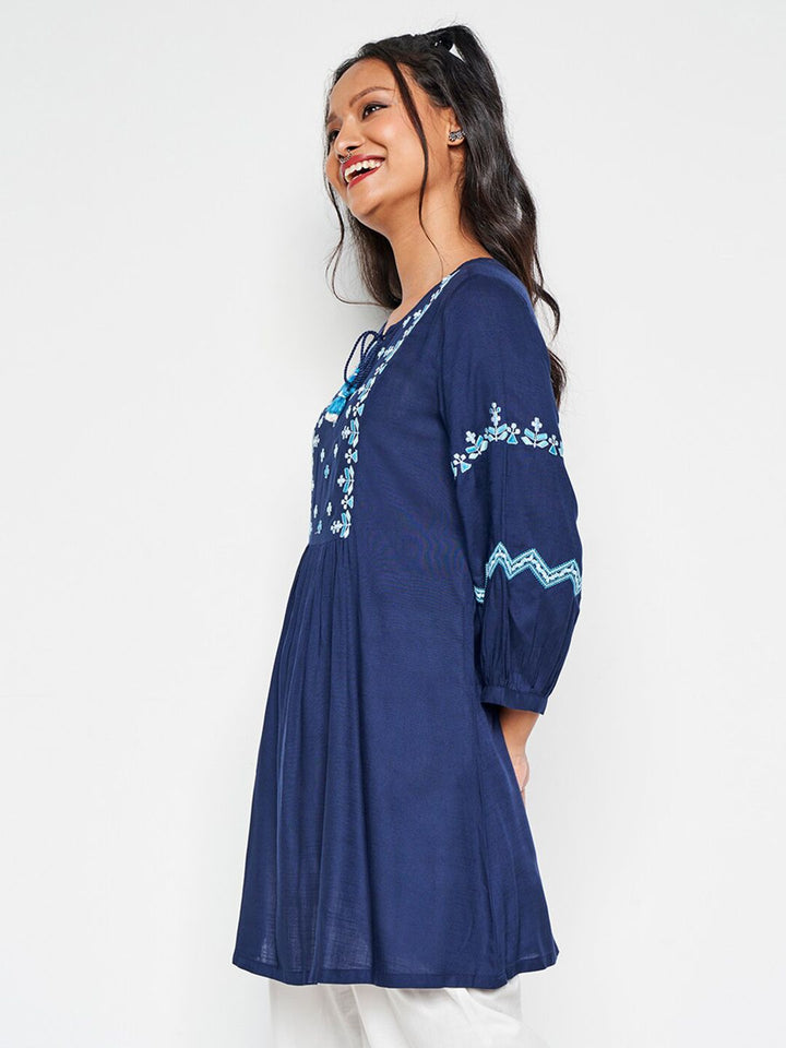 Global Desi Floral Embroidered Tie-Up Neck Tunic