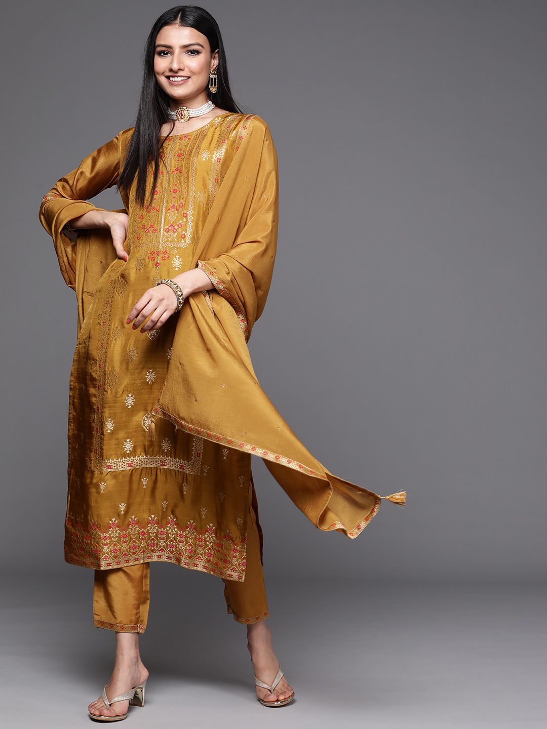 Libas Women Mustard Yellow & Gold Zari Woven Design Straight Kurta Trousers & With Dupatta