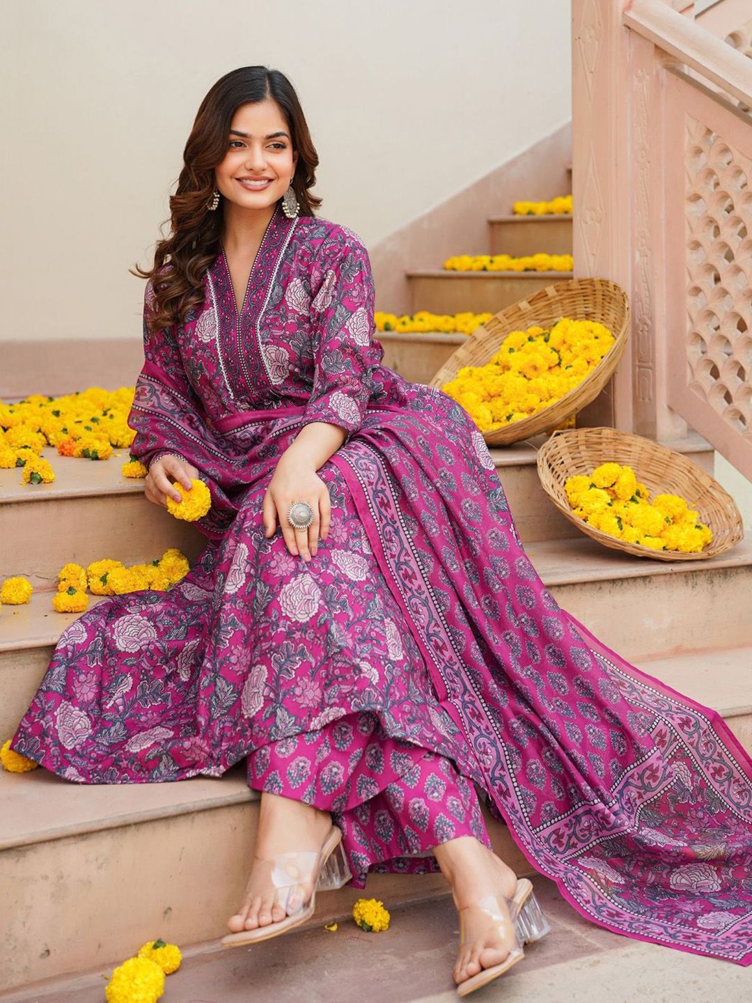 KALINI Women Floral Printed Pleated Kurta with Palazzos & With Dupatta