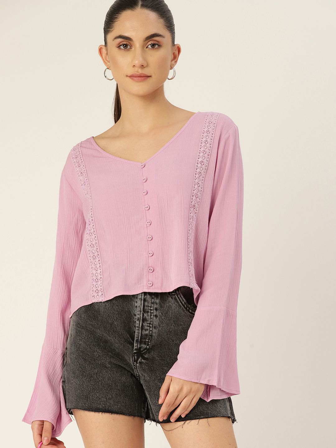 DressBerry Lavender Self Design Lace Inserts Flared Sleeves Top