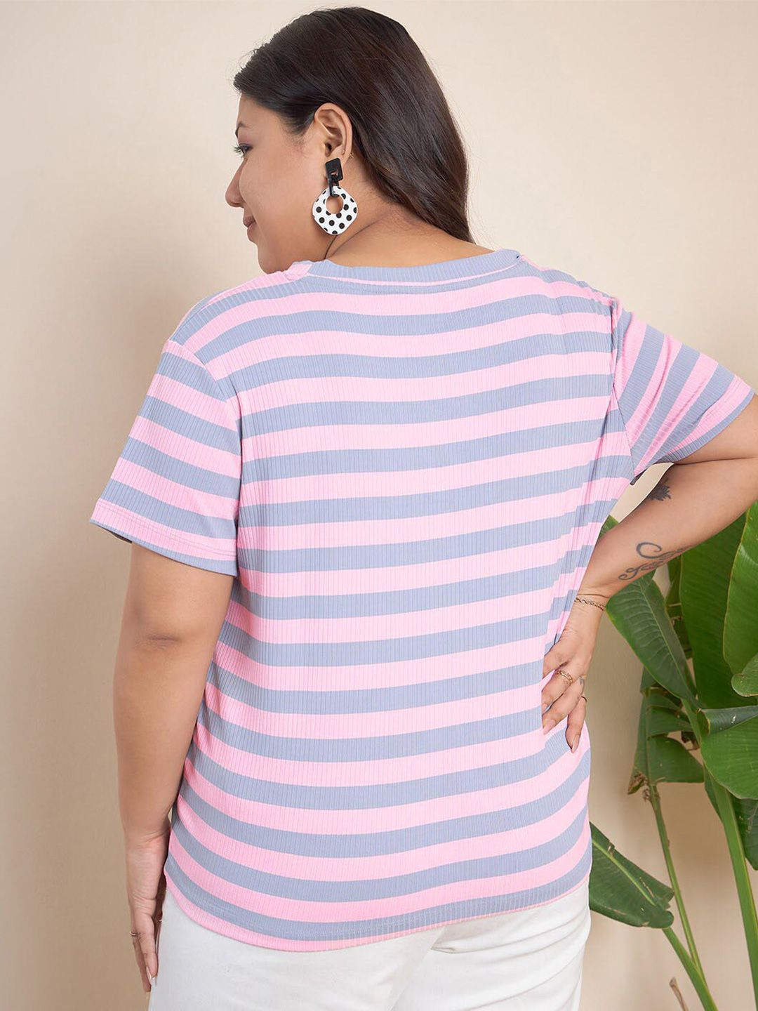 CURVY STREET Plus Size Striped Round Neck Top