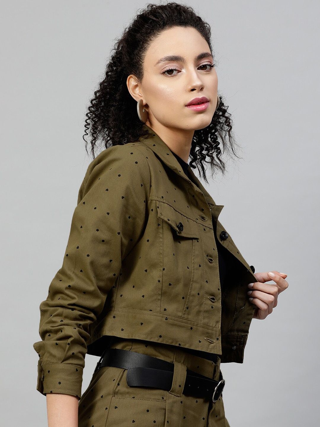 Street 9 Wanita Olive Hijau & Hitam Bercetak Jaket Denim Tanaman Cotton Lightweight