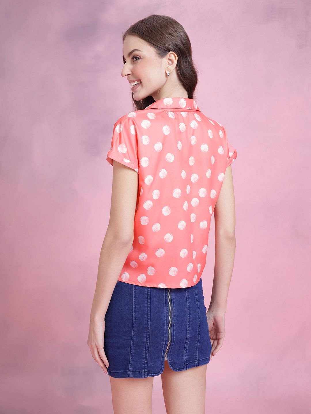 DressBerry Polka Dot Print Extended Sleeves Shirt Style Top