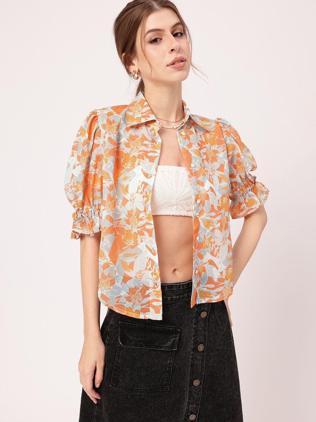 Holiday Charm Tropical Printed Puff Sleeves Shirt