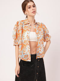 Holiday Charm Tropical Printed Puff Sleeves Shirt