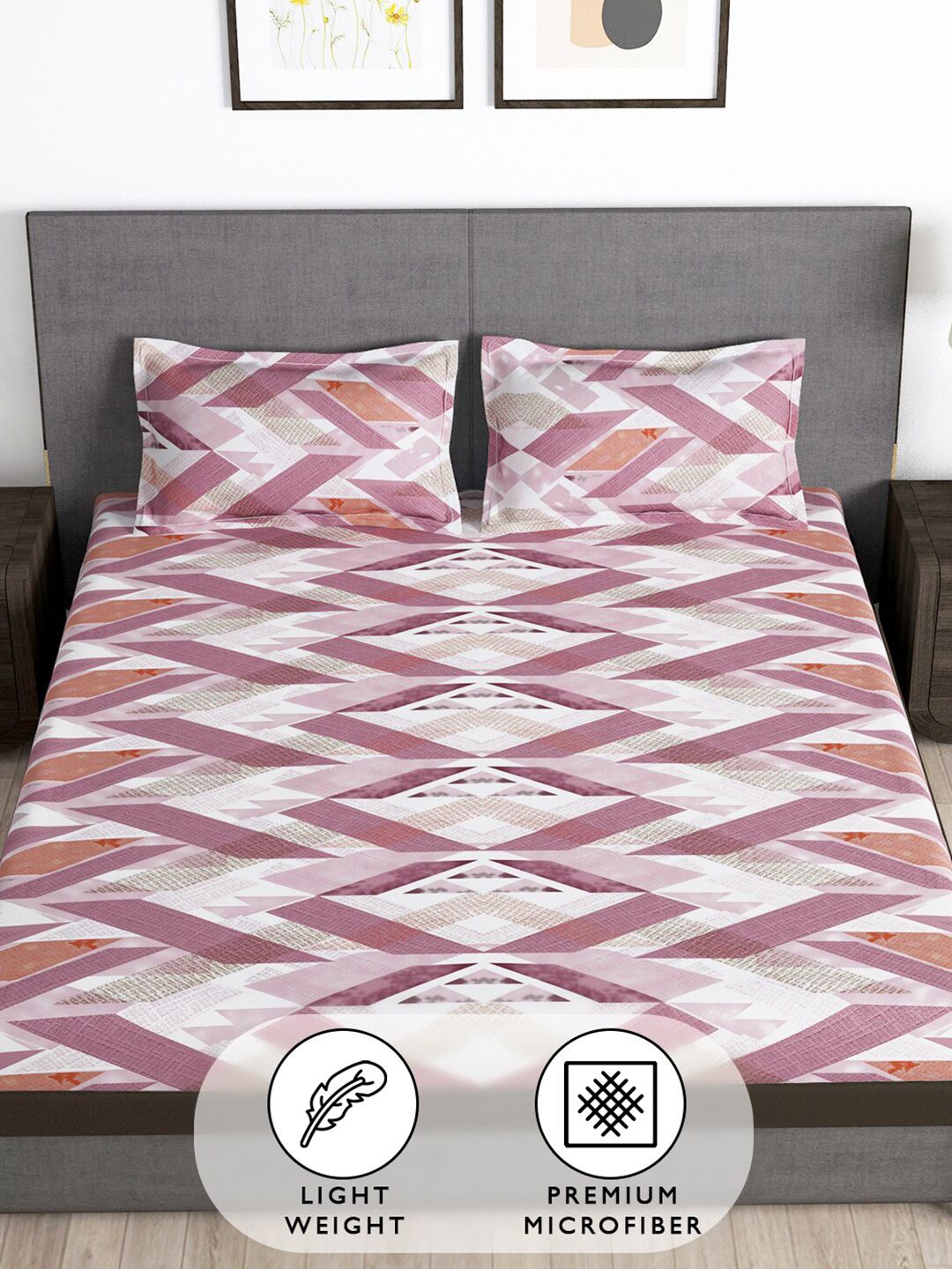 Story@home White & Pink Geometric 180 TC Queen Bedsheet with 2 Pillow Covers