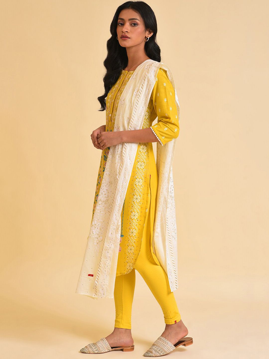 W Mustard Yellow & White Floral Printed Pure Cotton Kurta With Leggings & Dupatta