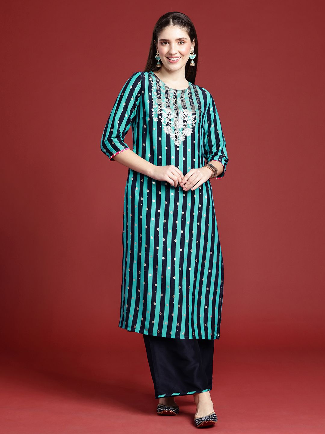 Anouk Striped Kurta with Palazzos & Dupatta