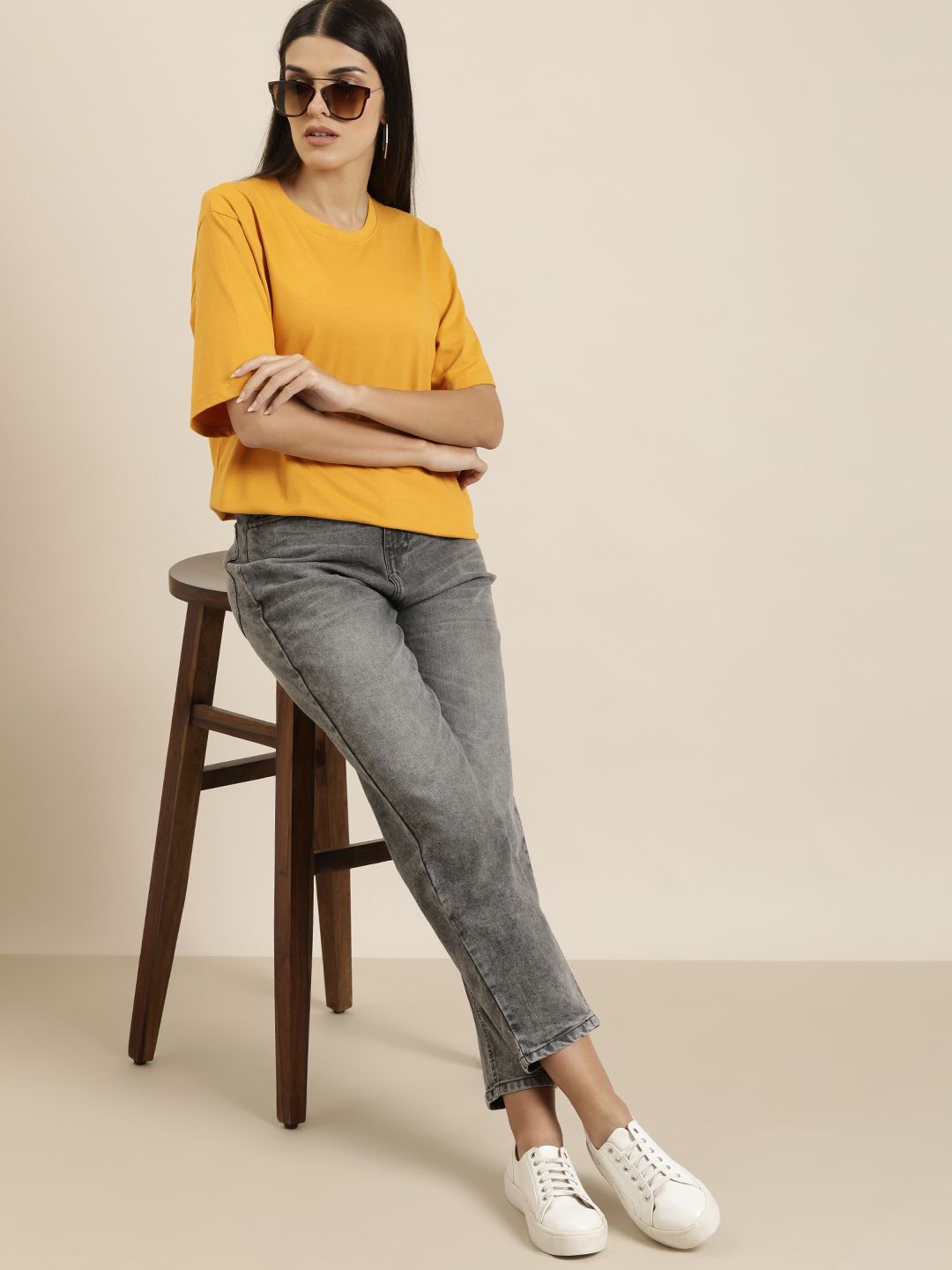 Difference of Opinion Women Mustard Yellow Solid Pure Cotton Oversized T-shirt