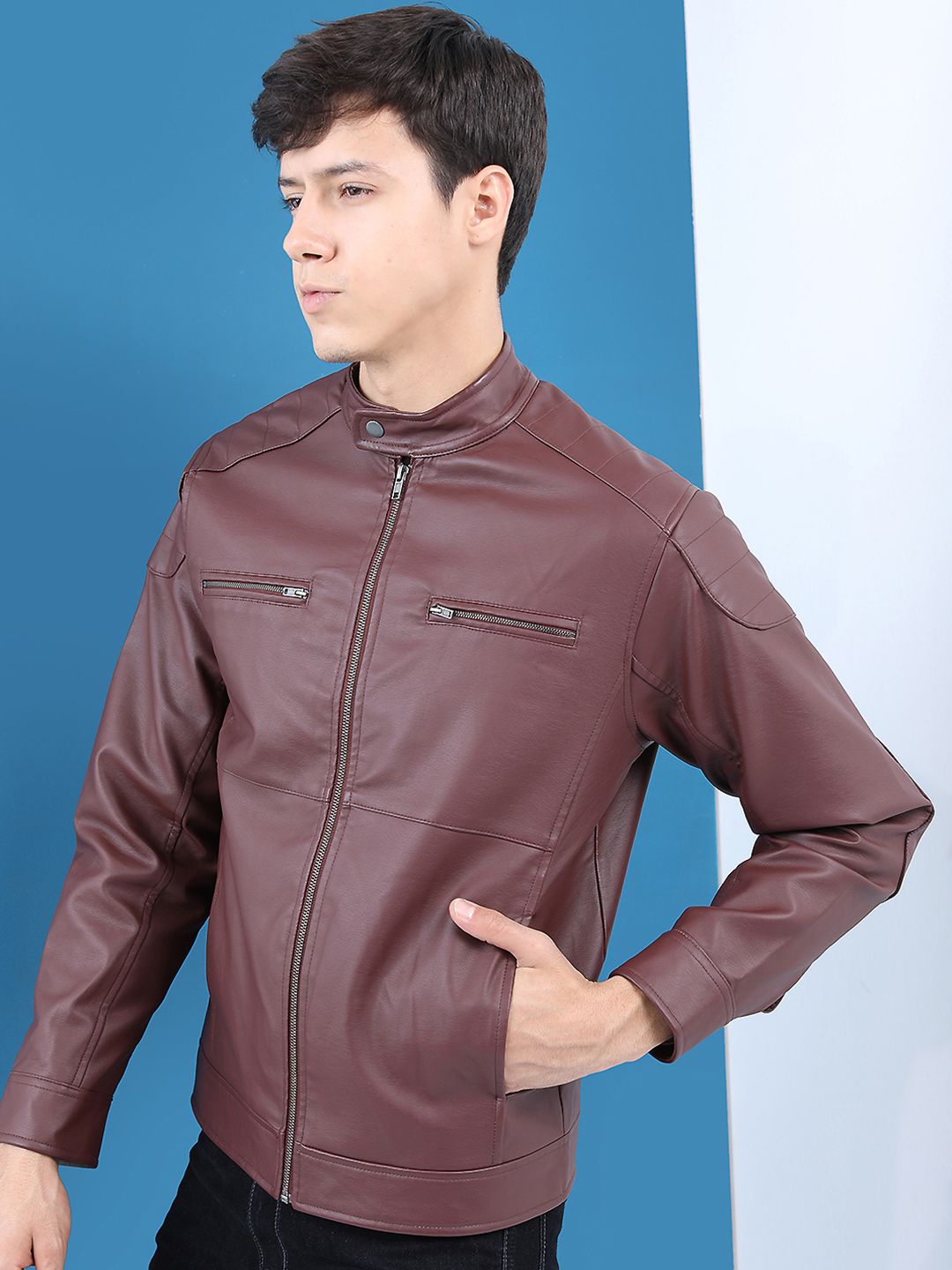 HIGHLANDER Men Burgundy Solid Leather Jacket