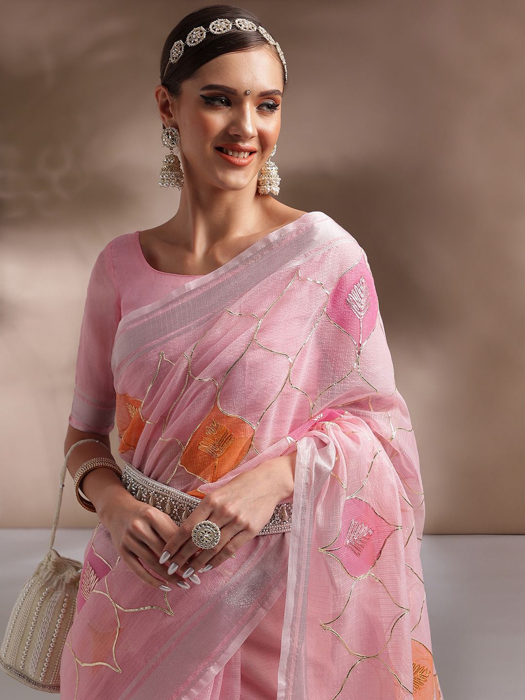 Saree mall Pink & Orange Ethnic Motifs Printed Gotta Patti Saree