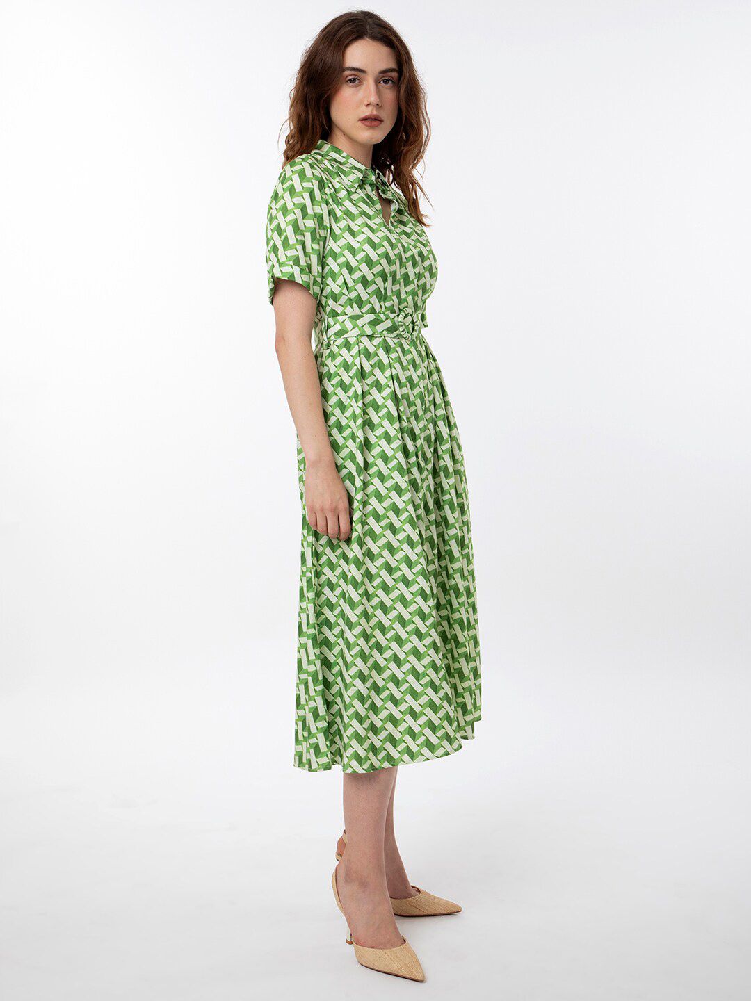 RAREISM Geometric Printed Cotton Midi Shirt Dress
