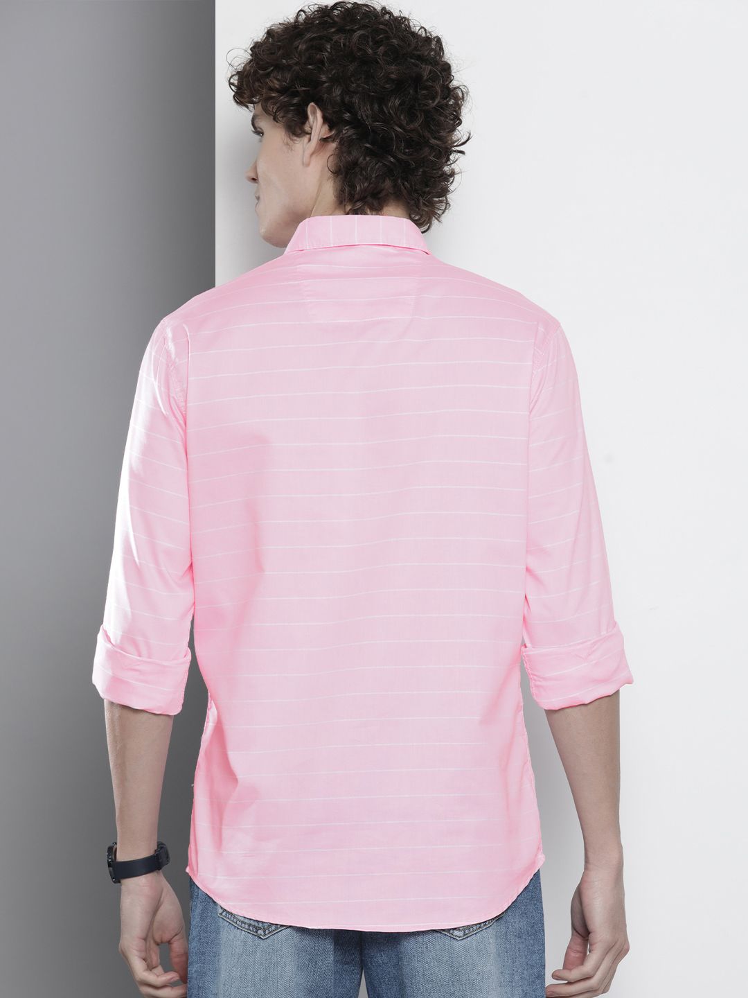 The Indian Garage Co Men Pink Slim Fit Striped Pure Cotton Casual Shirt