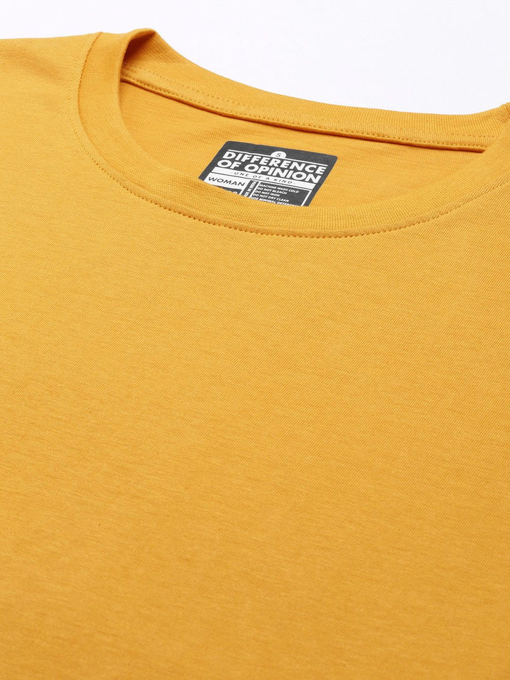 Difference of Opinion Women Mustard Yellow Solid Pure Cotton Oversized T-shirt