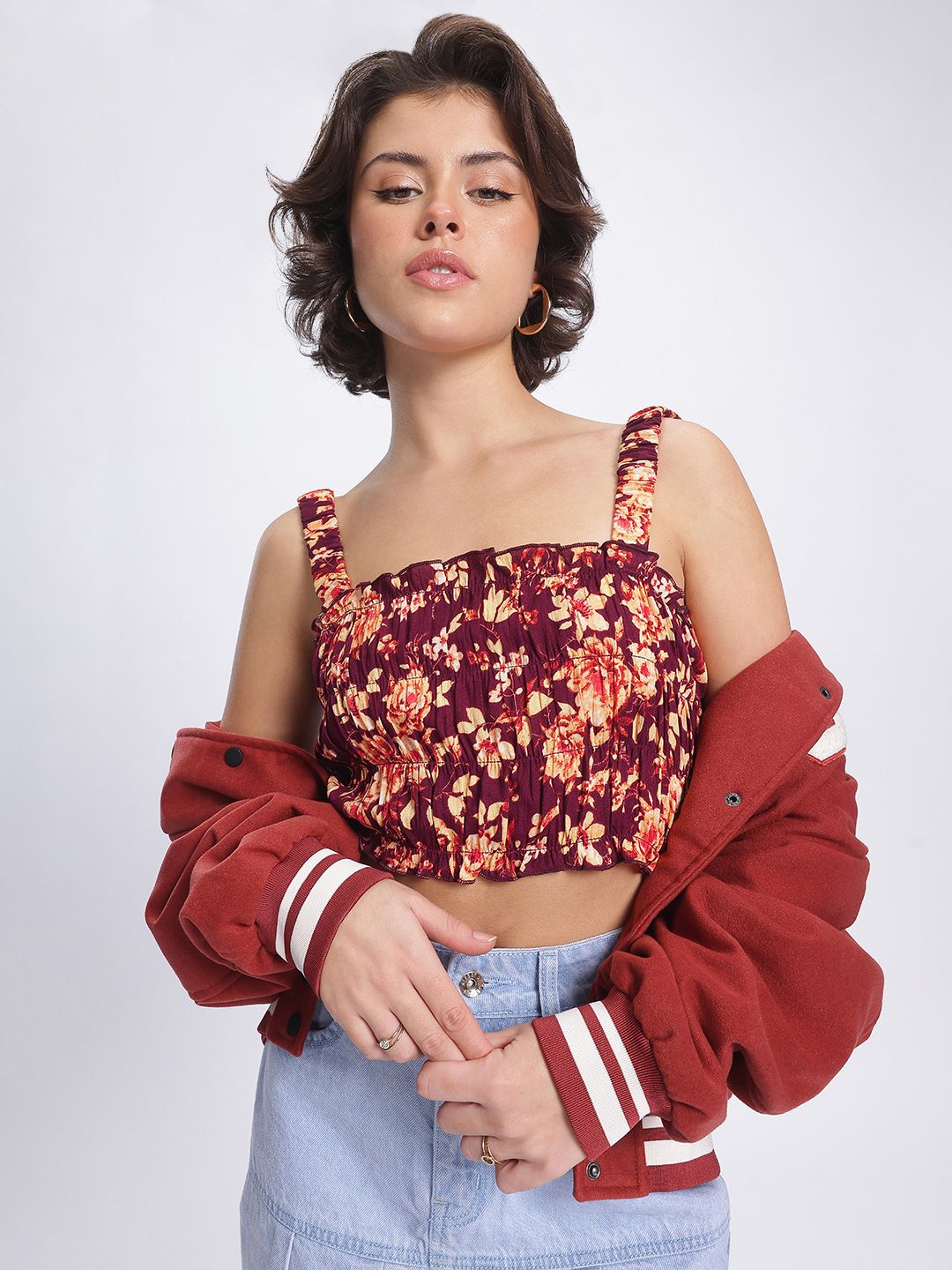 DressBerry Floral Frenzy Printed Smocked Frill Detail Crop Top