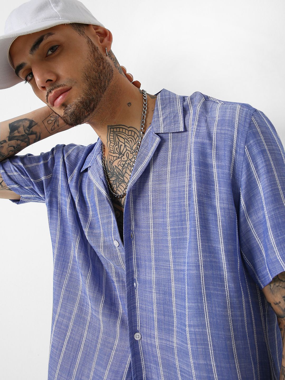 VASTRADO Men Striped Resort Collar Oversized Shirt