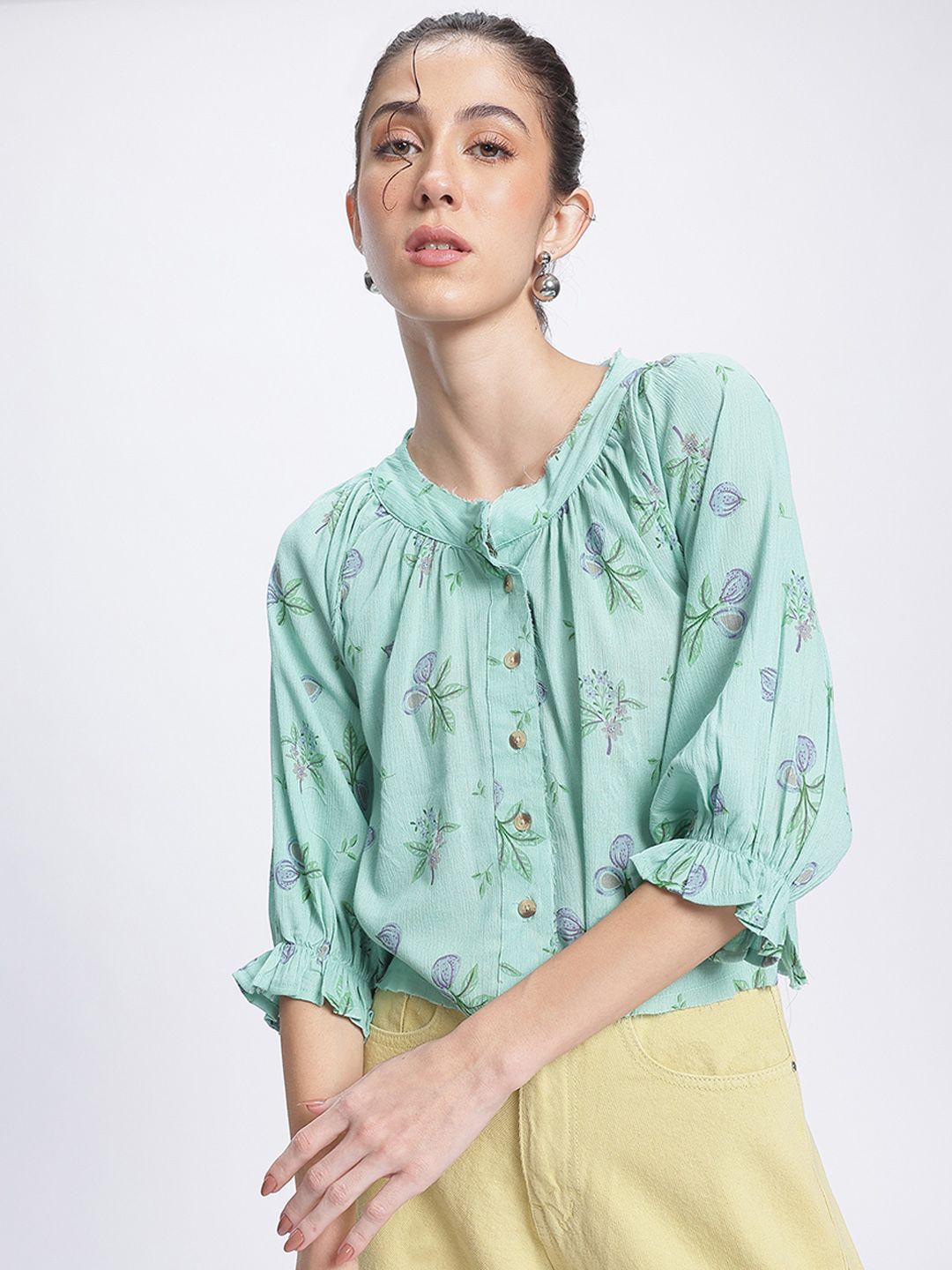 DressBerry Keep it Raw Floral Raw Hem Shirt-Style Top