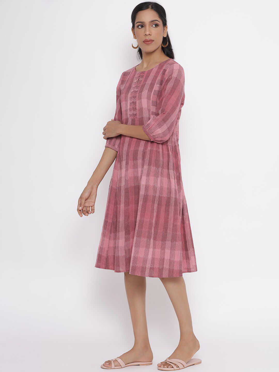 W Women Pink Checked Cotton A-Line Dress
