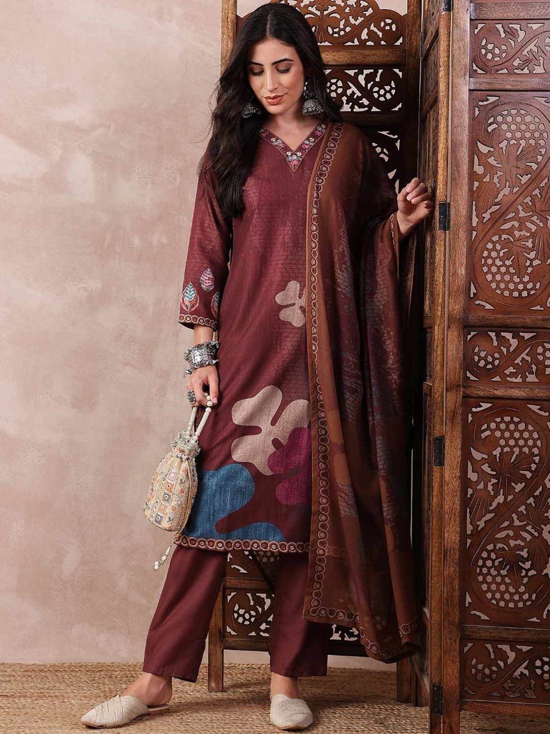 KALINI Floral Printed Thread Work V-Neck Straight Kurta with Trouser And Dupatta
