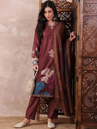 KALINI Floral Printed Thread Work V-Neck Straight Kurta with Trouser And Dupatta