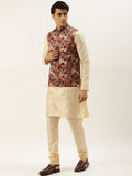 SOJANYA Men Golden & Maroon  Kurta with Churidar And Nehru Jacket