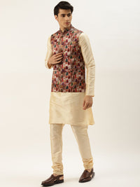 SOJANYA Men Golden & Maroon  Kurta with Churidar And Nehru Jacket