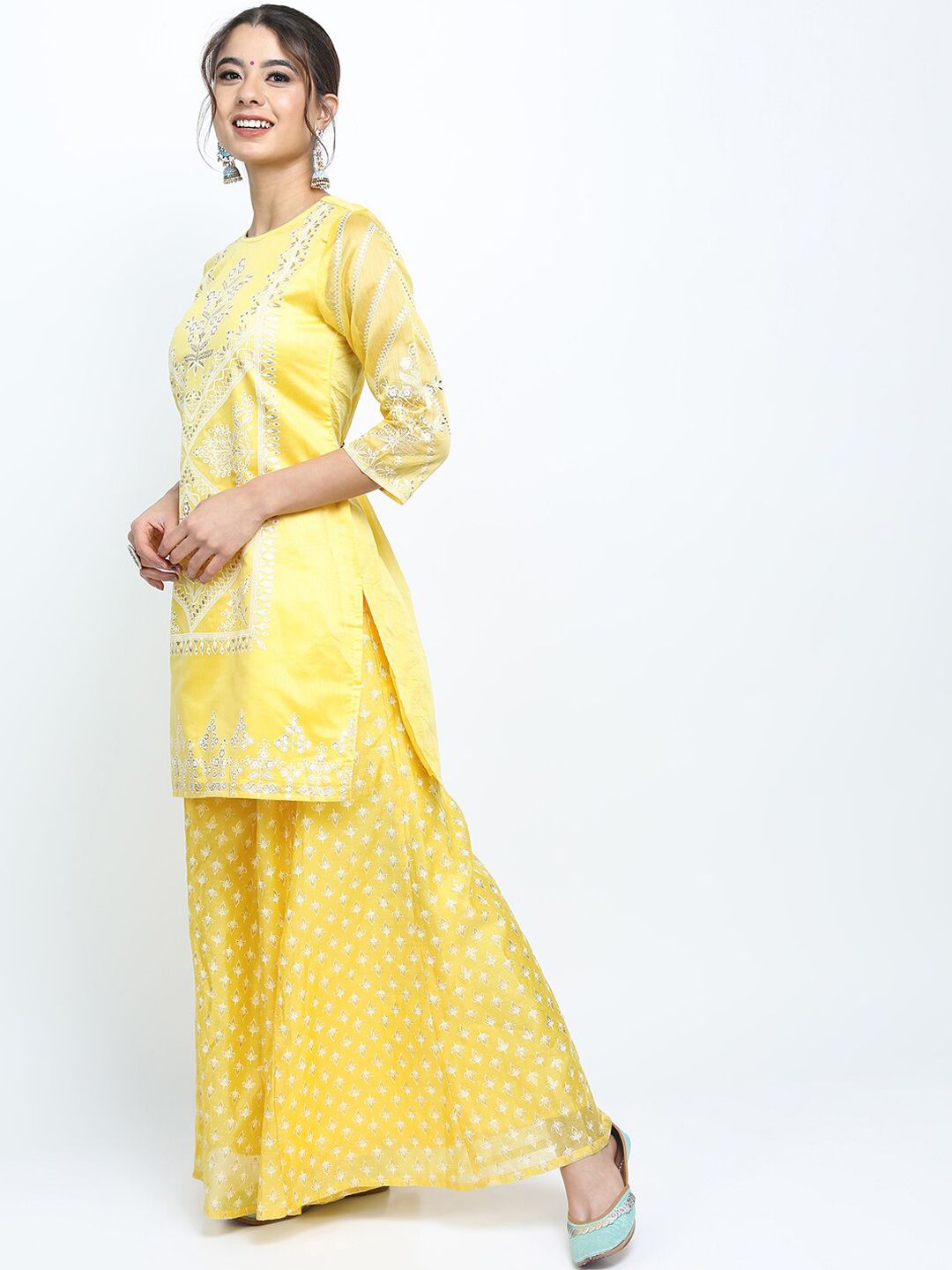 Vishudh Women Yellow Ethnic Motifs Printed Kurti with Palazzos & With Dupatta