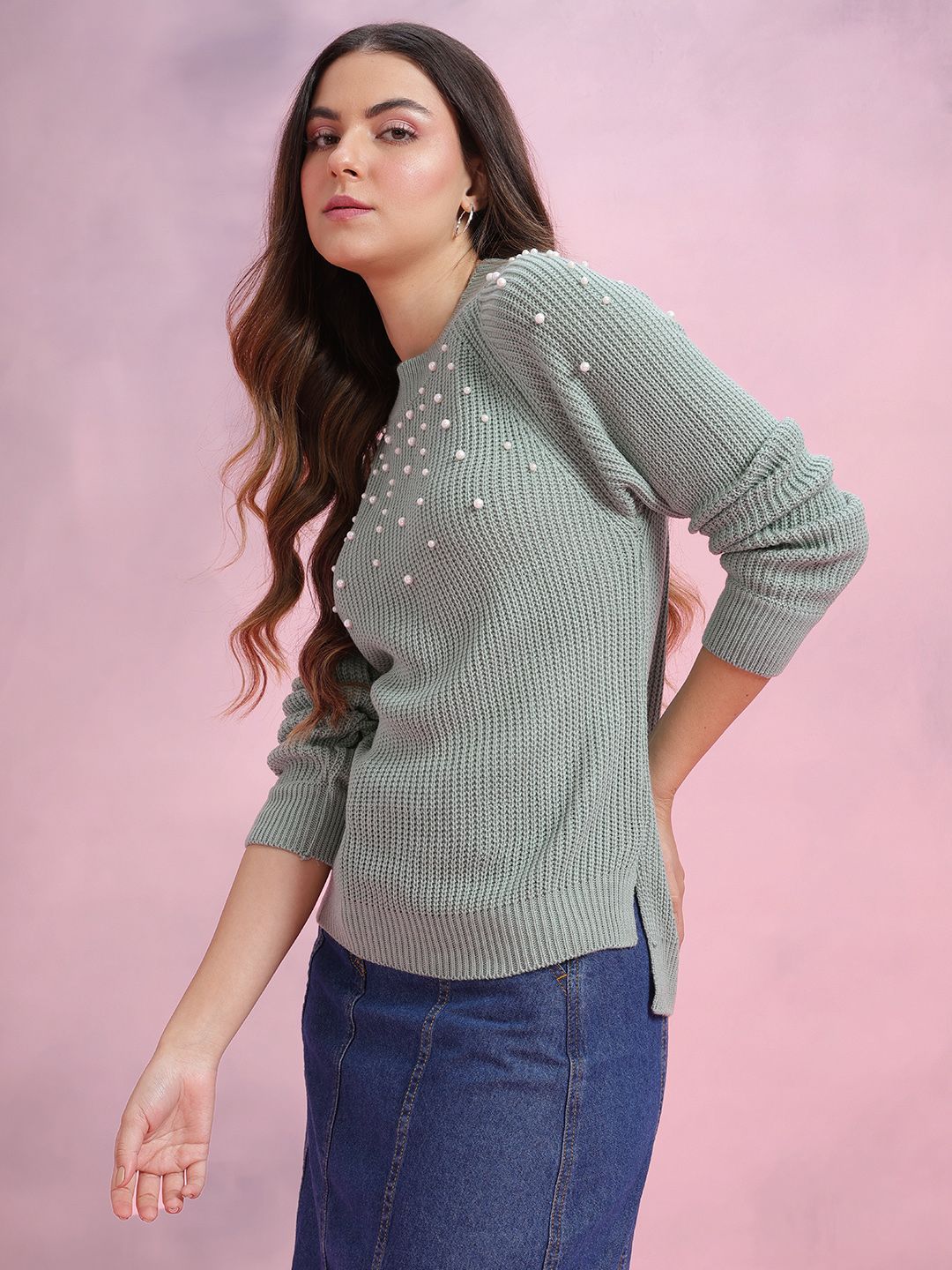 DressBerry Knitted Acrylic Pullover with Pearl Embellished