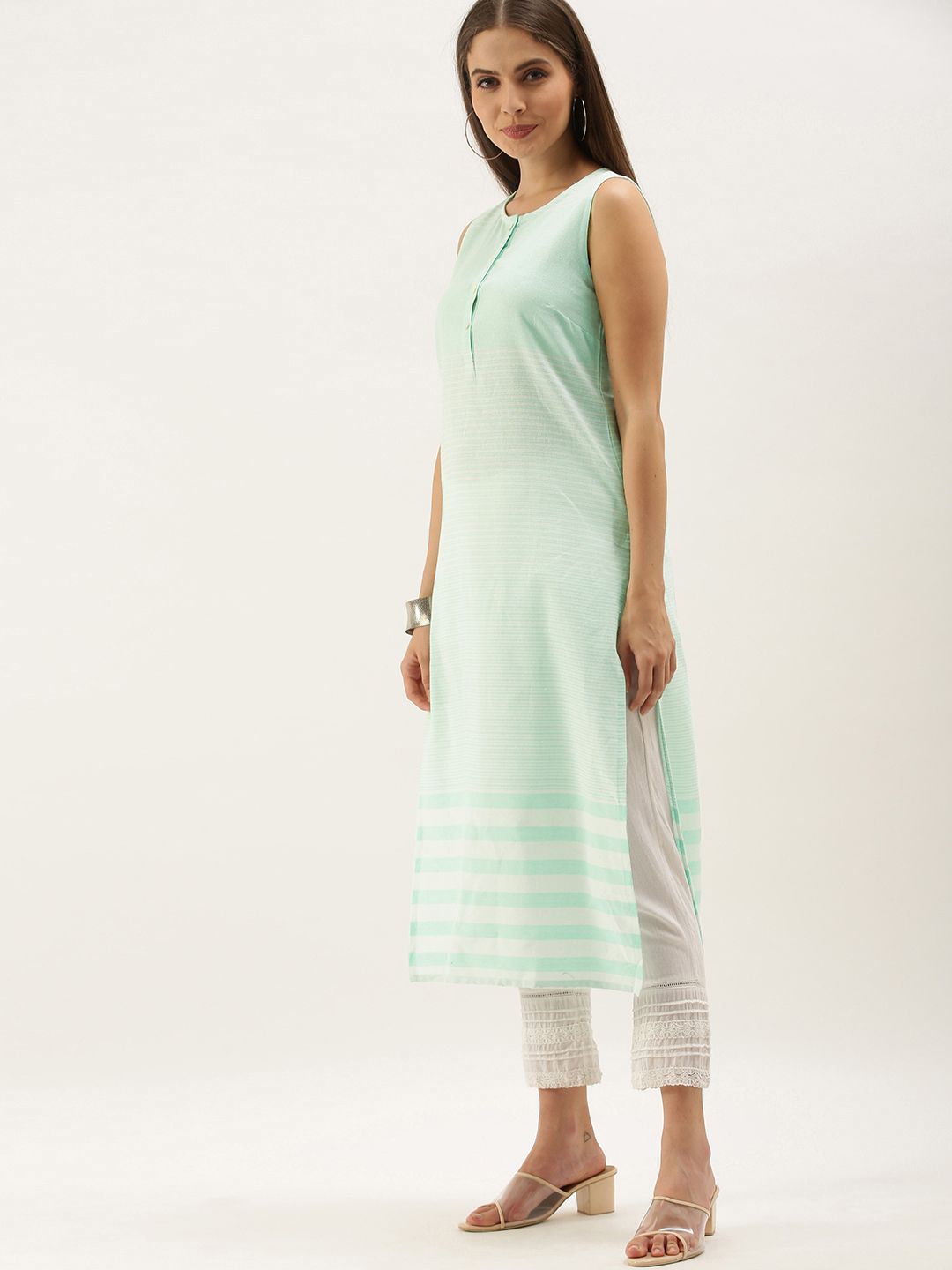 Anouk Women Sea Green & White Striped Kurta