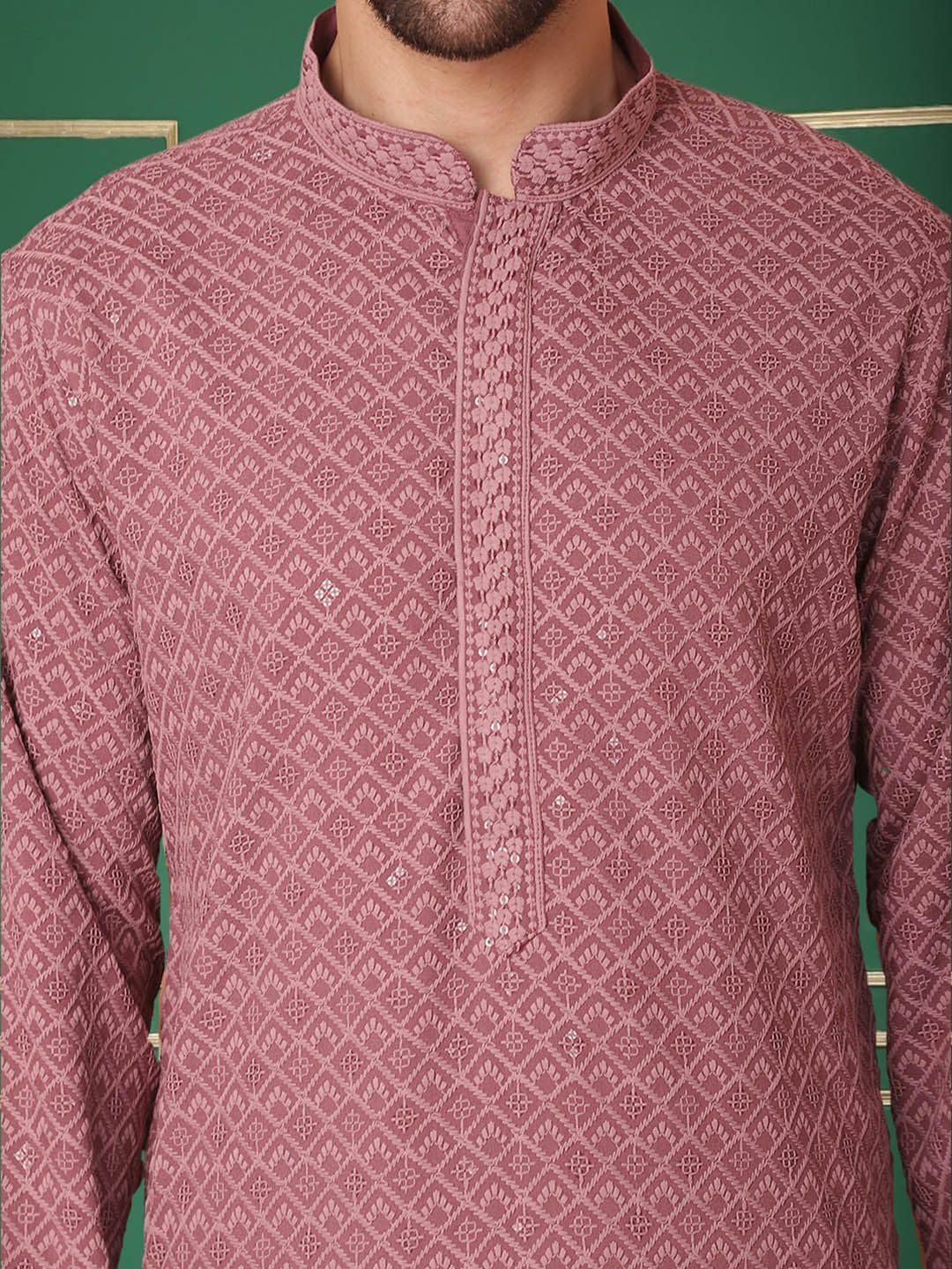 Jompers Embroidered Mandarin Collar Sequinned Kurta with Pyjamas