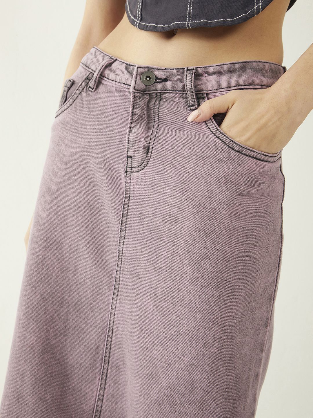 DressBerry Women Urban Vibe Back Slit Denim Faded A-Line Skirt