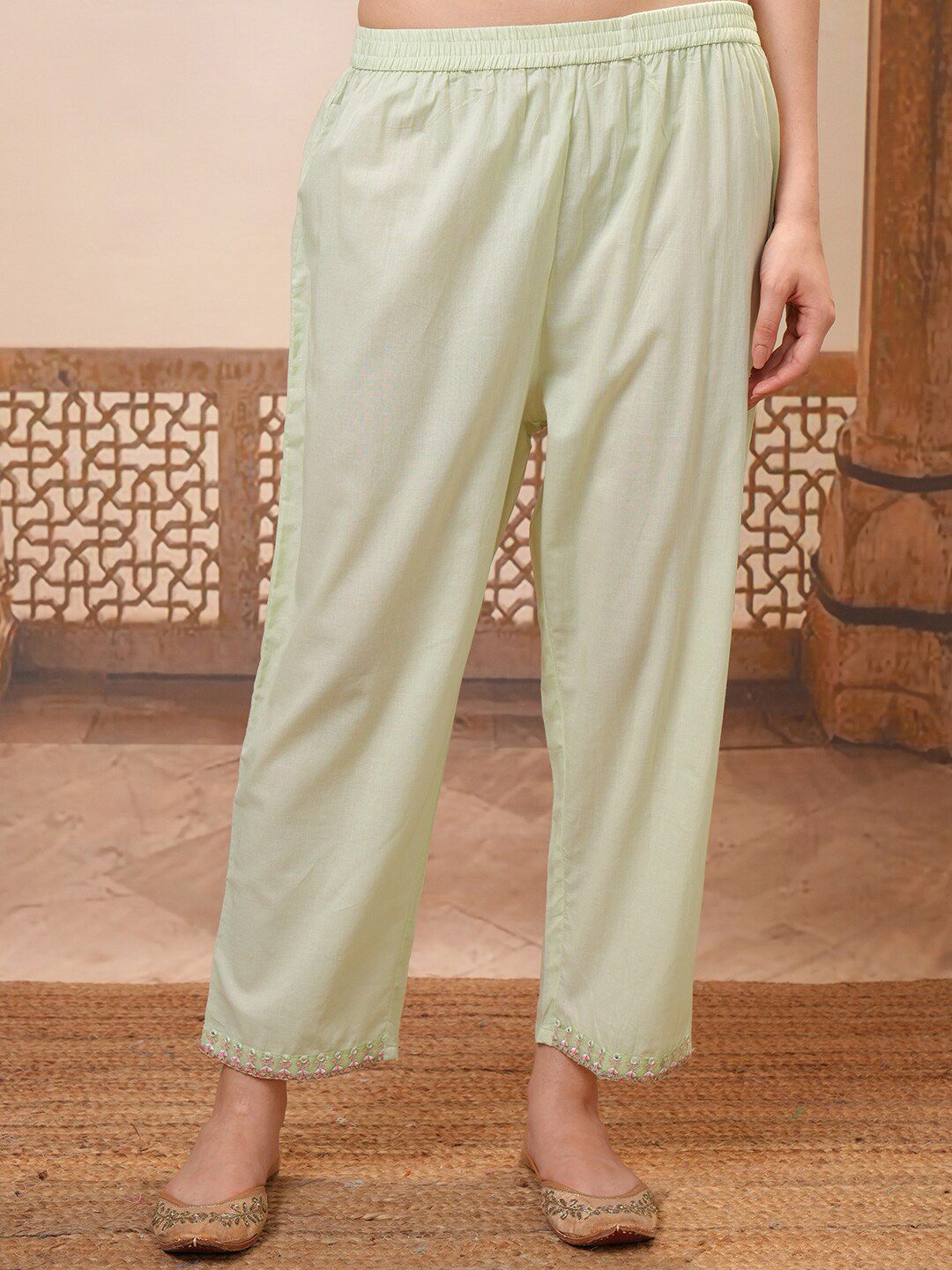 Vishudh Green Embroidered Mirror Work Pure Cotton Straight Kurta With Trousers & Dupatta