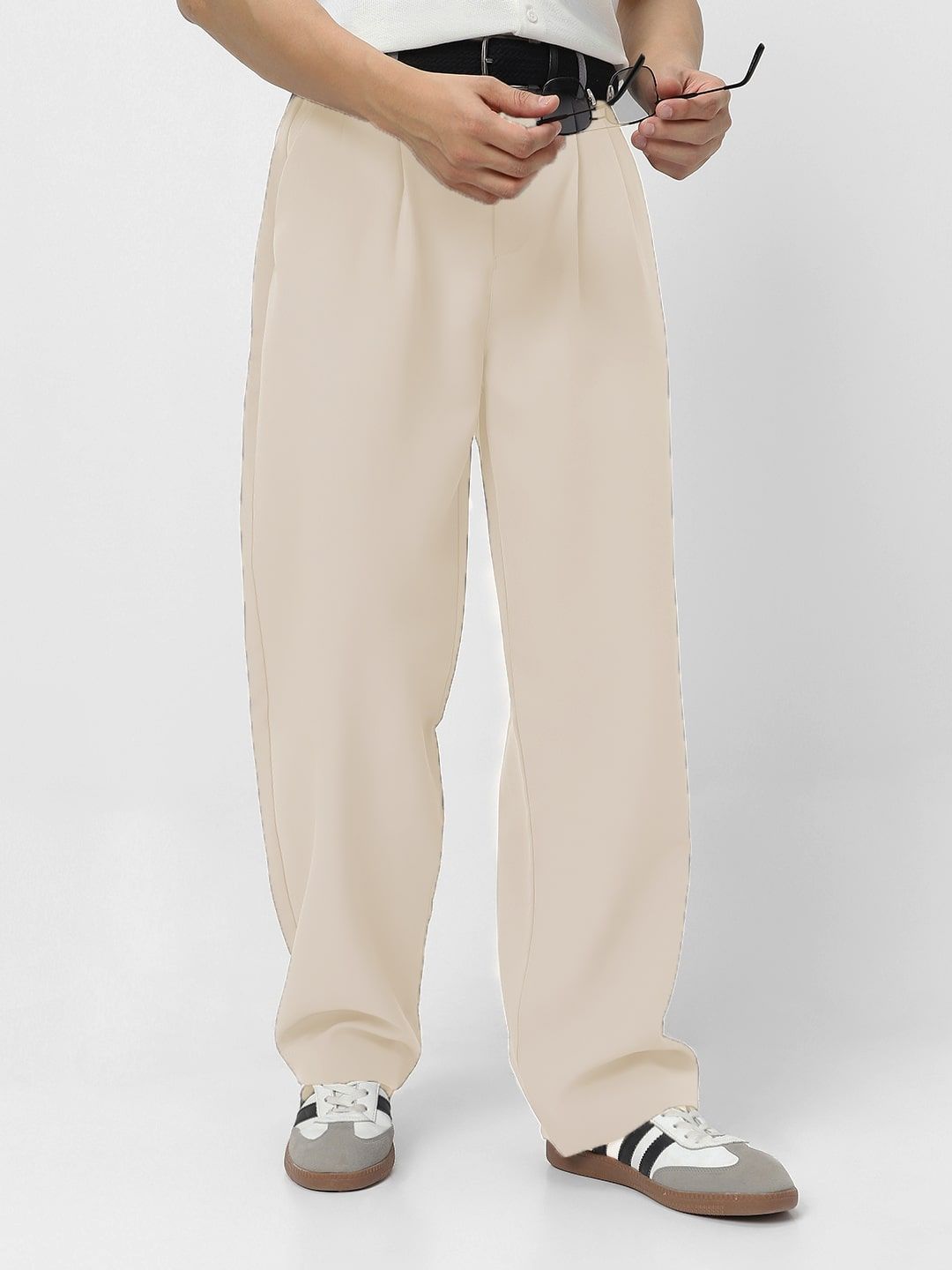 Urbano Fashion Men Cream Loose Baggy Fit Solid Korean Trousers Stretchable