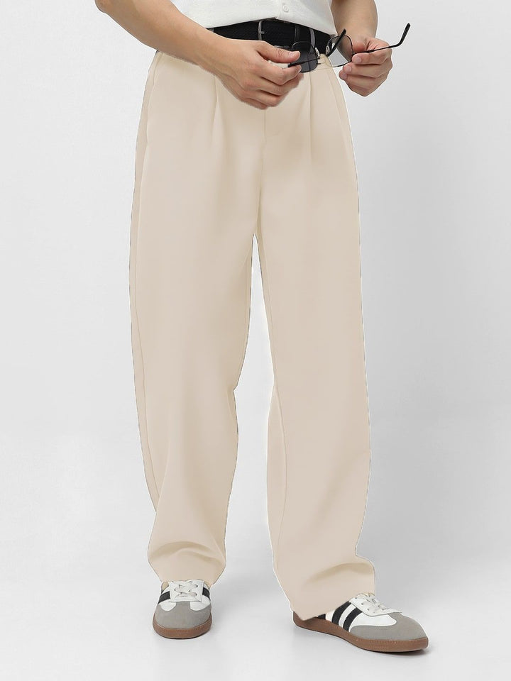 Urbano Fashion Men Cream Loose Baggy Fit Solid Korean Trousers Stretchable