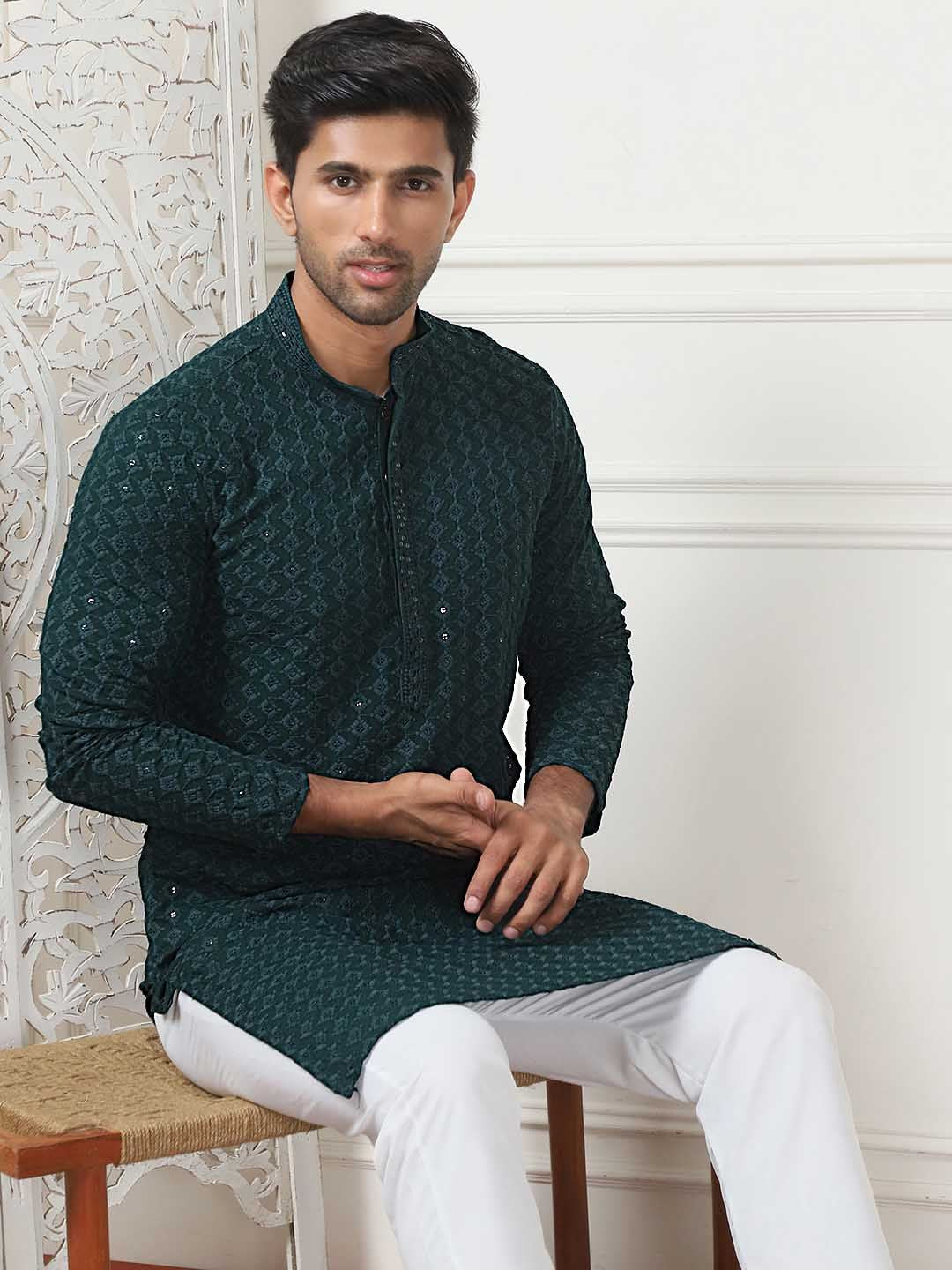 Anouk Green & White Ethnic Motif Embroidered Band Collar Sequinned Kurta With Pyjamas