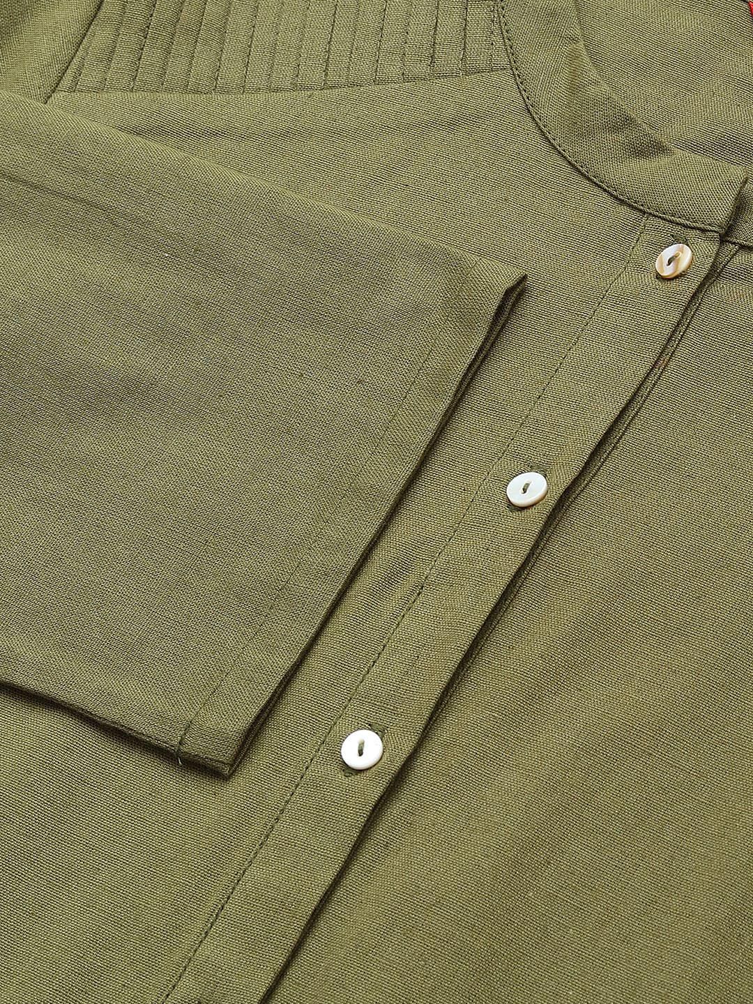 W Green Mandarin Collar Cotton A-line Kurta