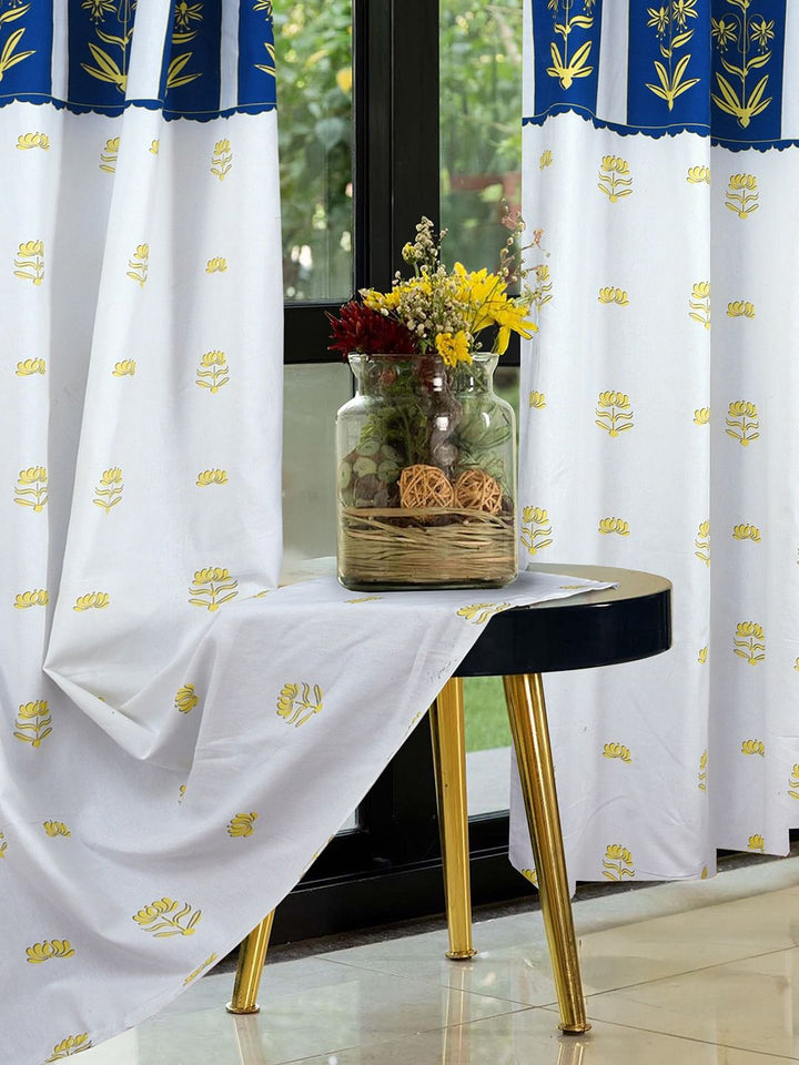 Cortina White & Blue 2 Pieces Ethnic Motifs Printed Cotton Door Curtain