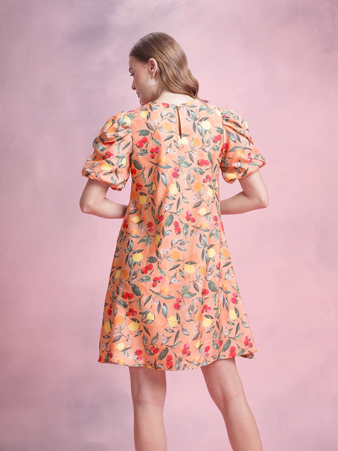 DressBerry Tropical Print Puff Sleeve A-Line Mini Dress